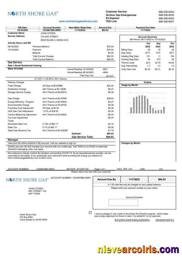 USA Illinois North Shore Gas utility bill